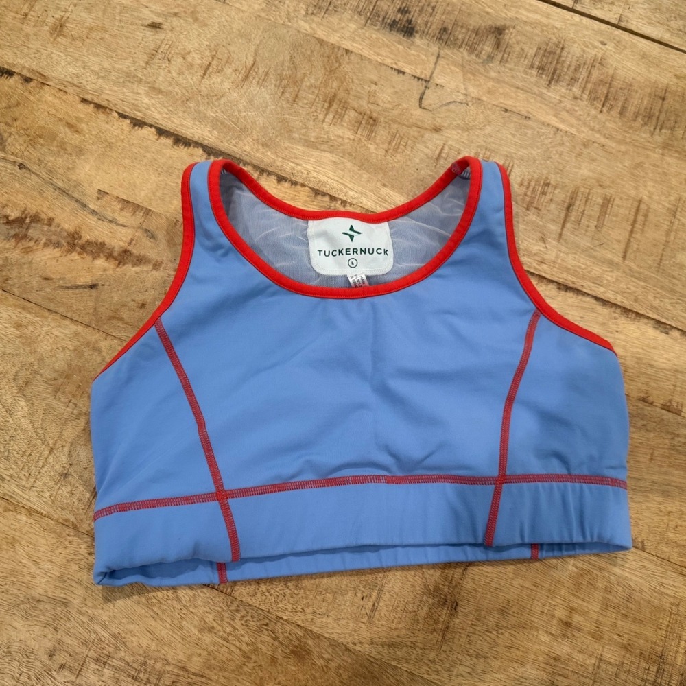 Tuckernuck Sport Blue Red Contrast Stitch Sports Bra Crop Top Large